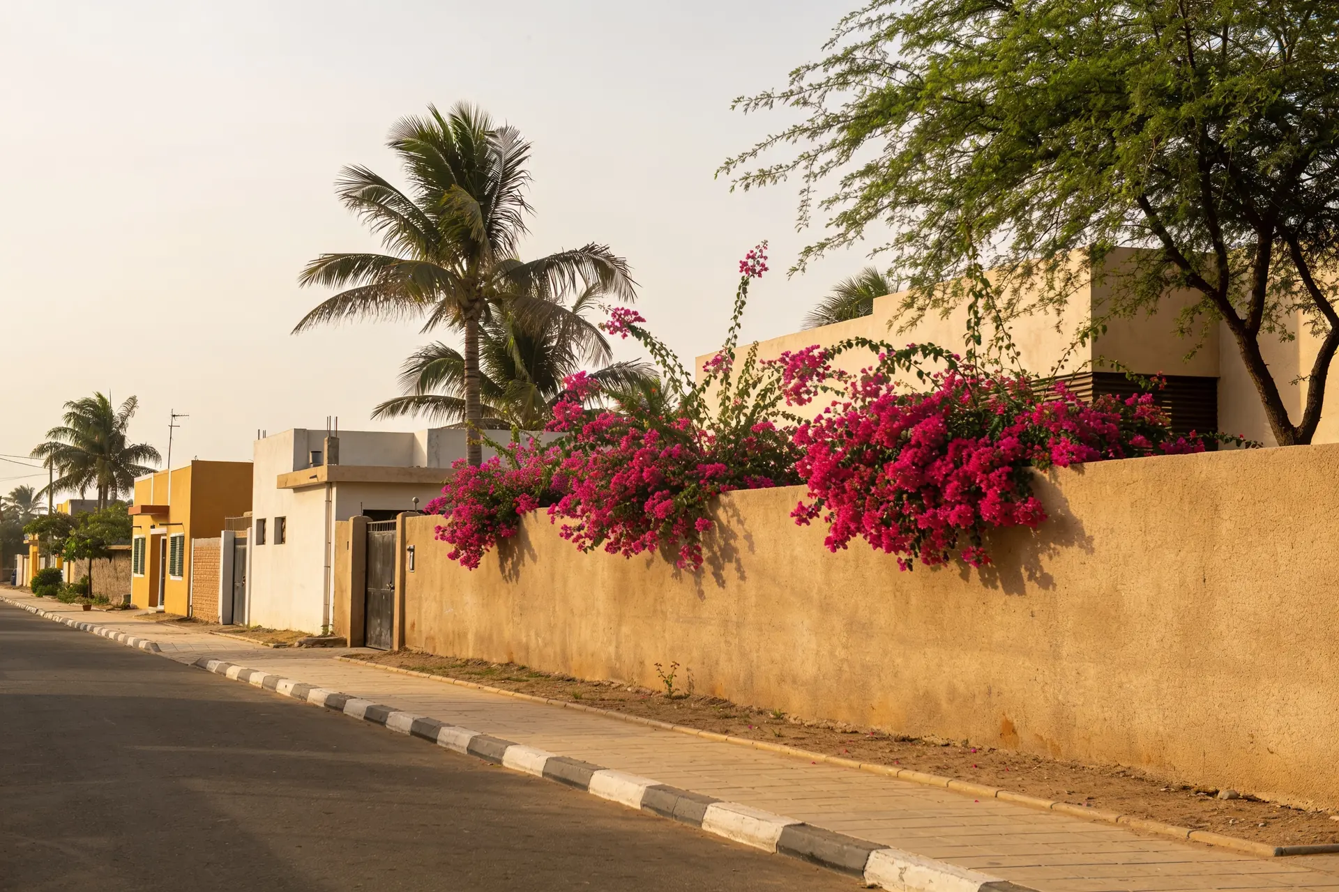 Rue résidentielle calme de Dakar, bordée de bougainvilliers
